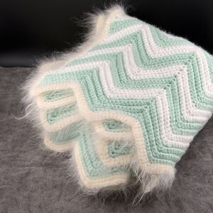 Small Blanket Mint Green White Handmade Crochet Knit Angora Edge Baby 35x27 VTG
